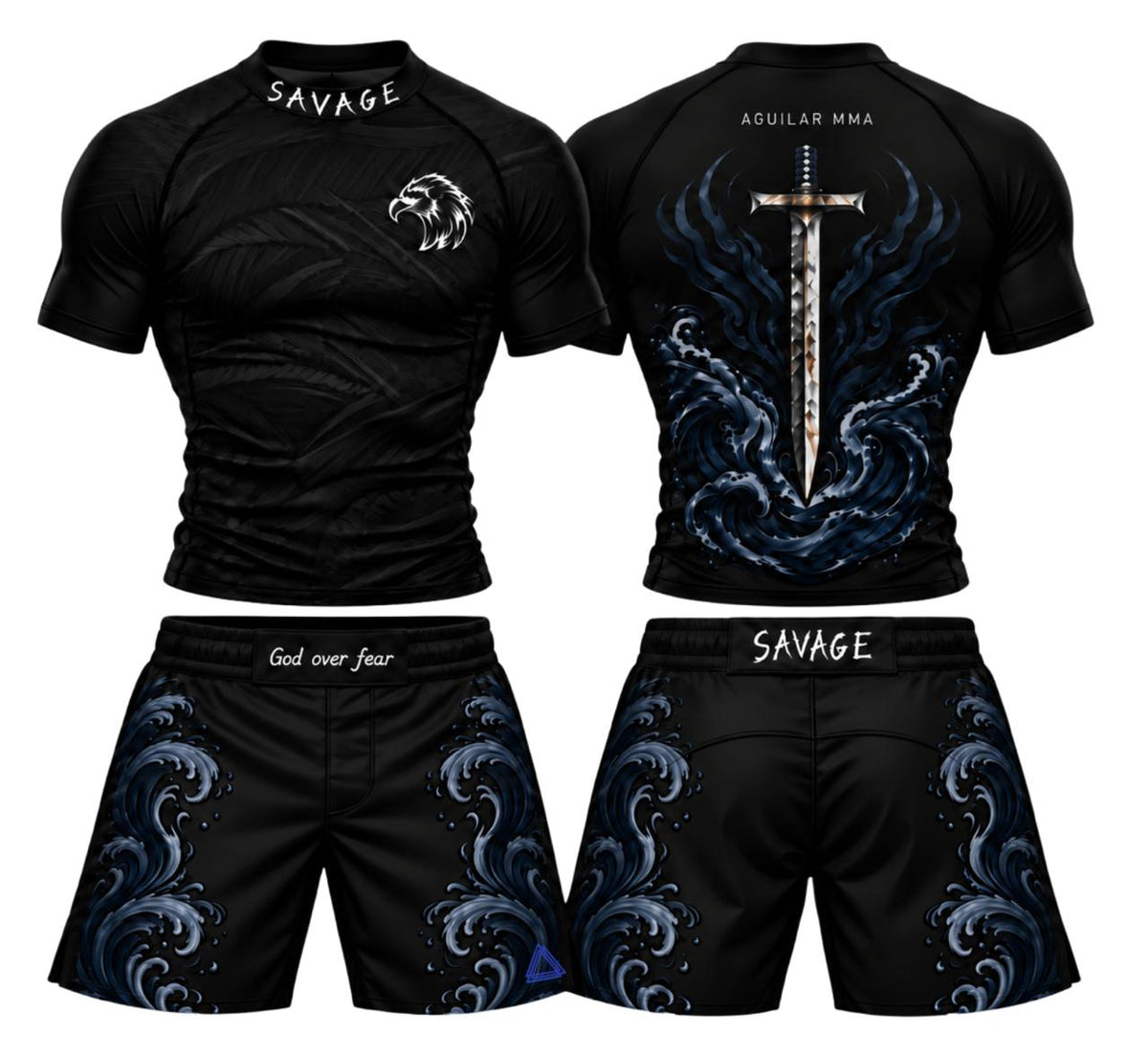 Conjunto SAVAGE de rashguard y shorts negros con olas azules, vistas frontal y posterior
