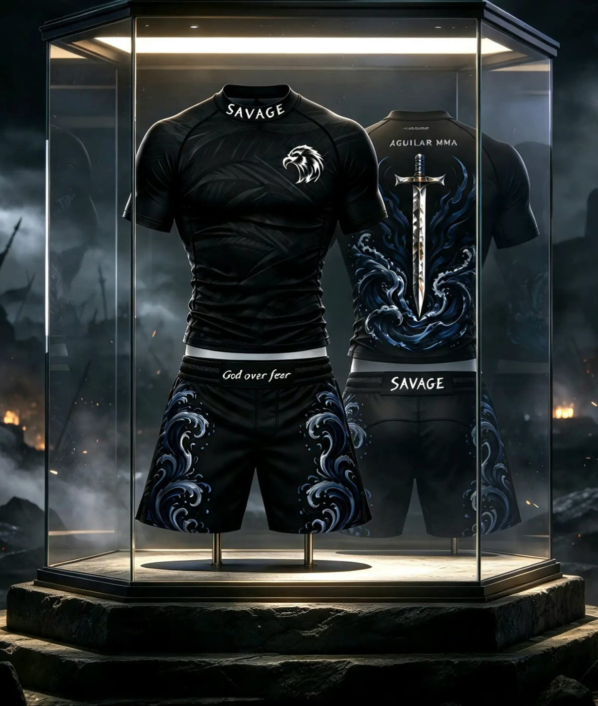 Conjunto SAVAGE de rashguard y shorts negros con gráficos azules, exhibido en una vitrina