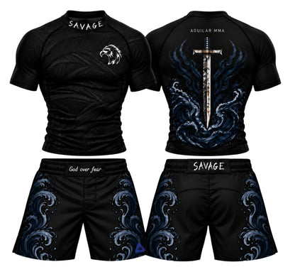 Conjunto SAVAGE de rashguard y shorts negros con olas azules, vistas frontal y posterior