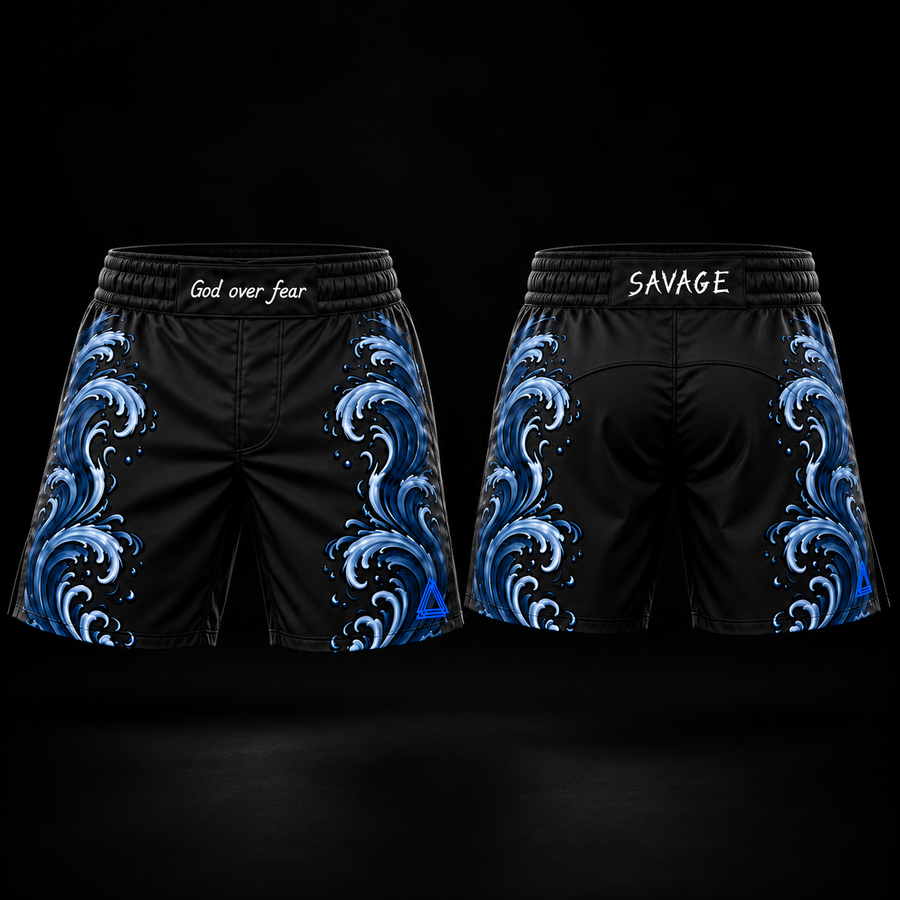 Shorts de MMA SAVAGE negros con olas azules, vistas frontal y posterior