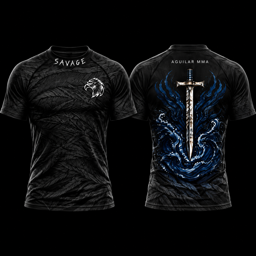 Playera deportiva SAVAGE negra de manga corta con águila al frente y espada con olas azules en la espalda