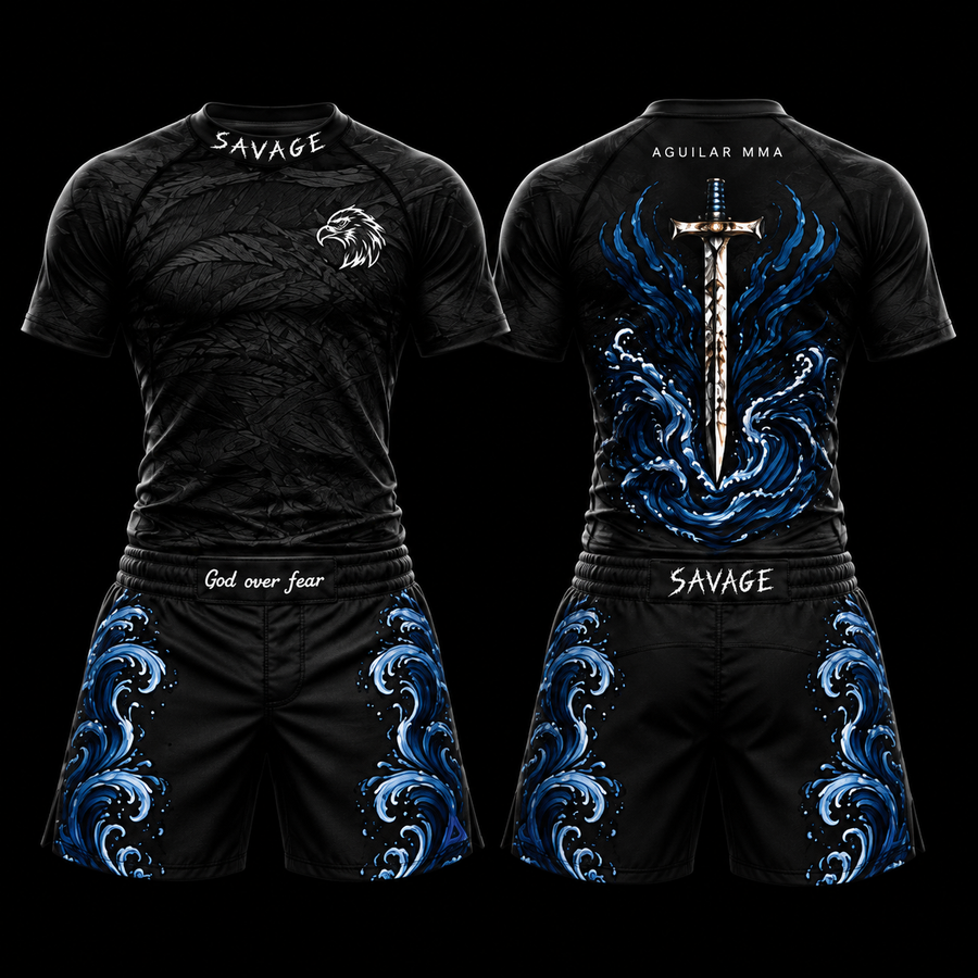 Set SAVAGE de playera deportiva y shorts negros con olas azules, vistas frontal y posterior